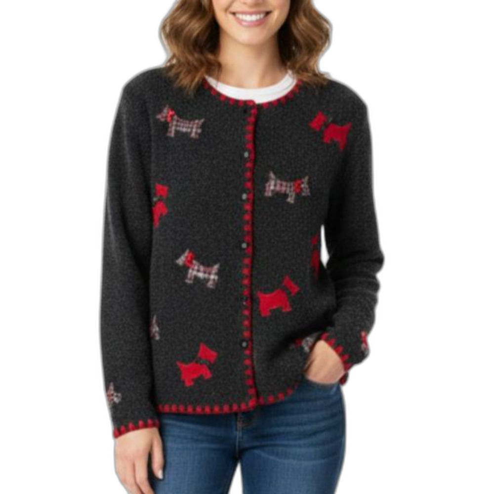 VTG Y2K Marisa Christina Gray Red Plaid Scottie Dog Cardigan Sweater Size L